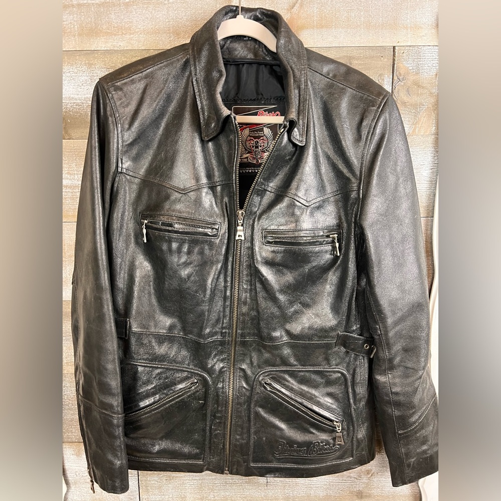 Black Leather Motorcycle Jacket with zip out liner. Heavy Duty jacket, Size L